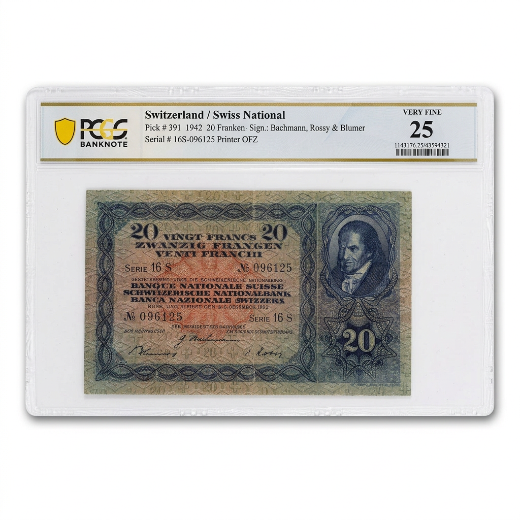 Switzerland 20 Franken Banknote – PCGS 25 Very Fine