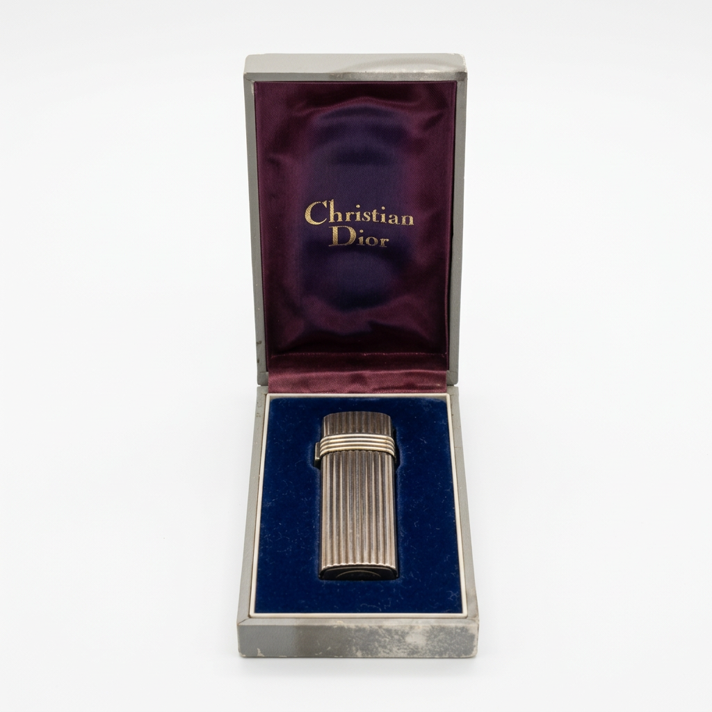 Christian Dior Vintage Lighter – Ribbed Silver Finish | Early 1980s | With Original Box