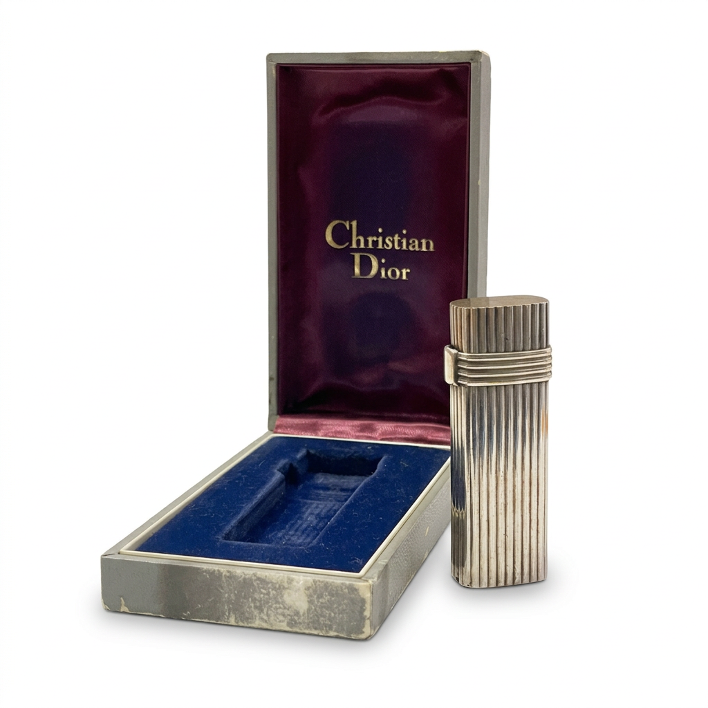 Christian Dior Vintage Lighter – Ribbed Silver Finish | Early 1980s | With Original Box
