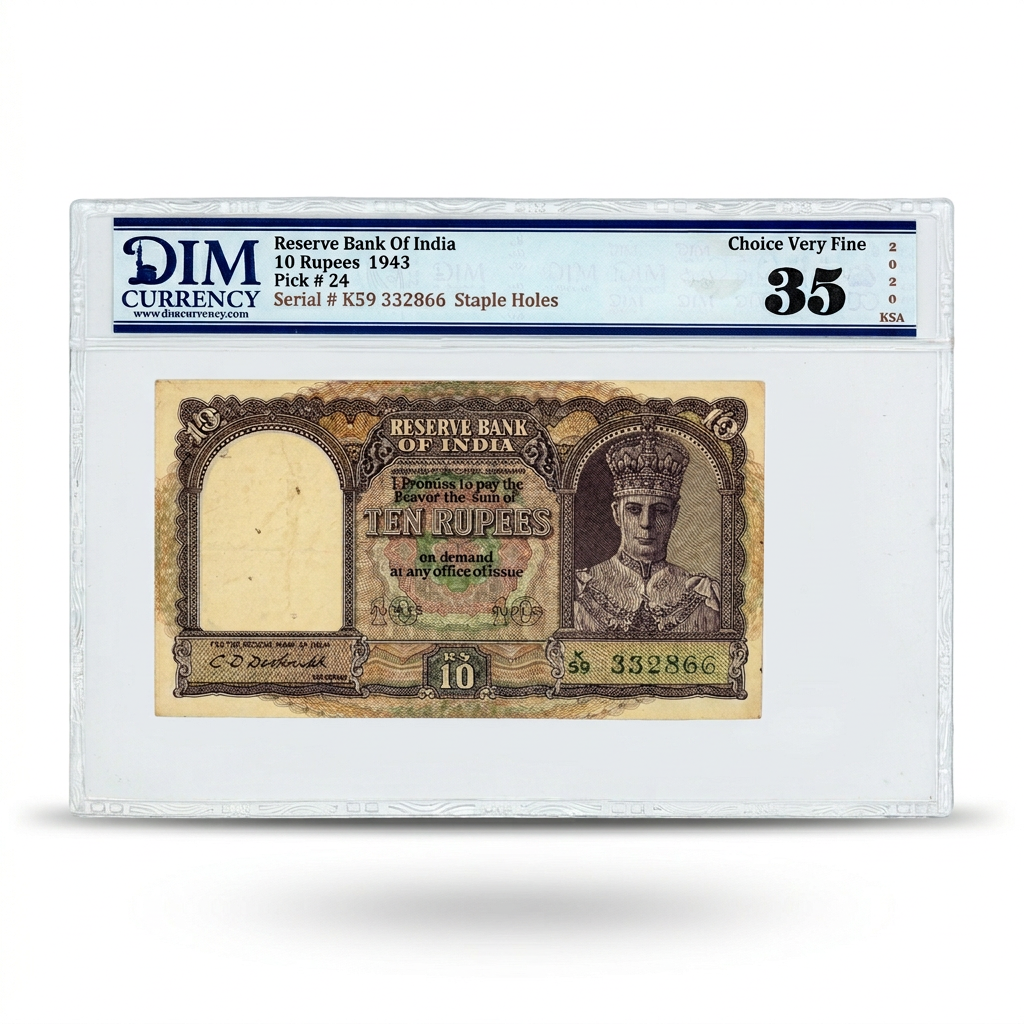 India 10 Rupees Banknote – Reserve Bank of India | 1943 | DIM 35 Choice Very Fine