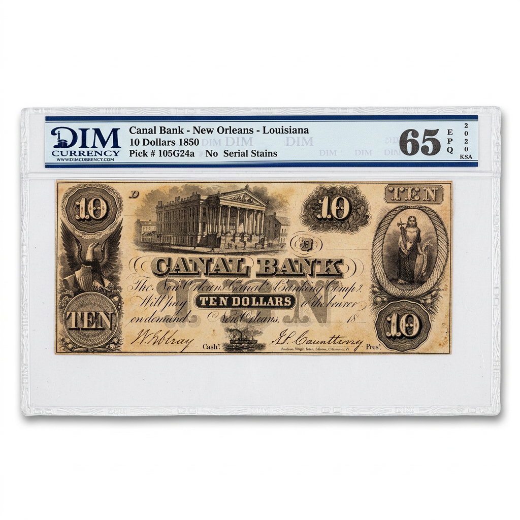 Canal Bank $10 Banknote – New Orleans, Louisiana | 1850 | DIM 65 Gem Uncirculated
