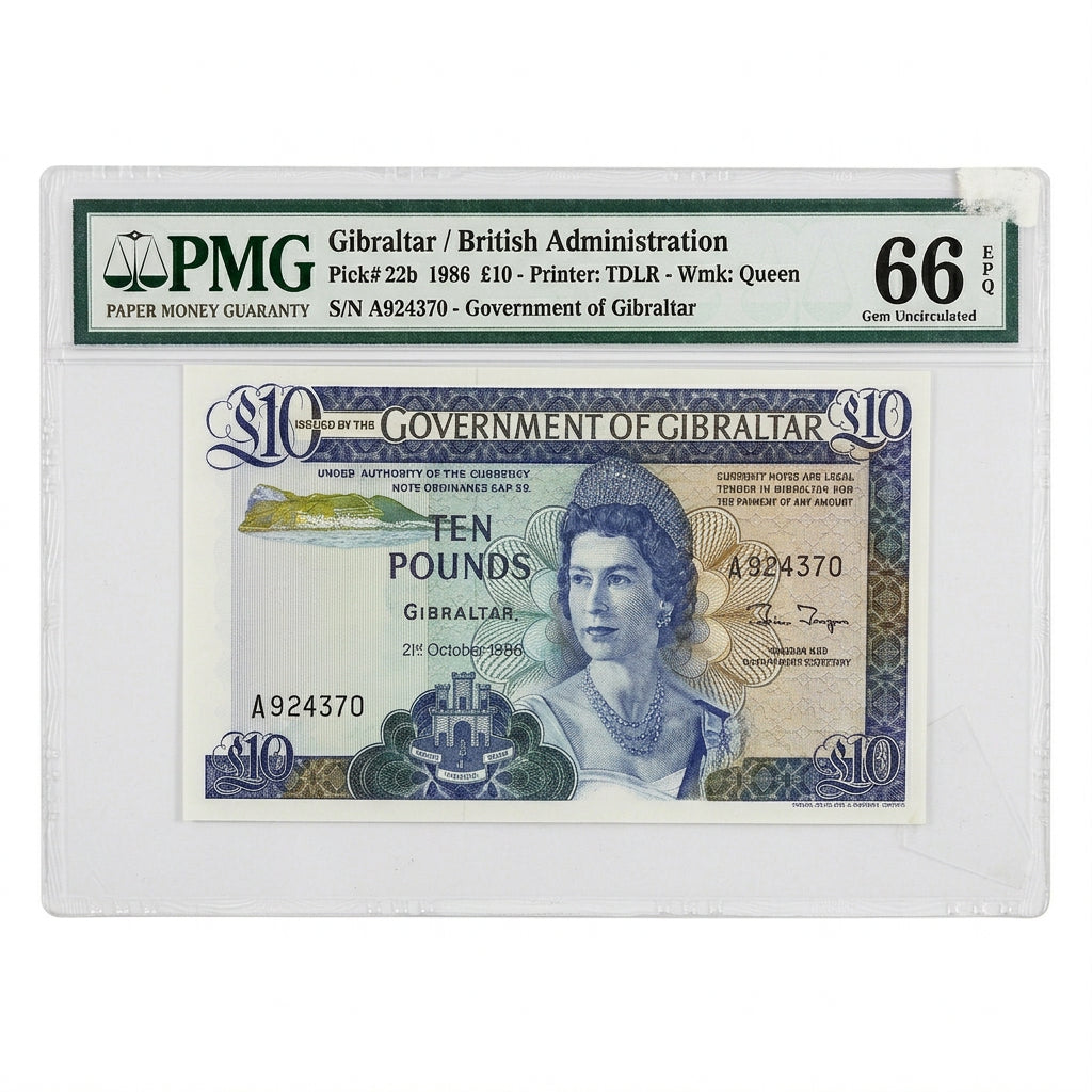 Gibraltar 10 Pounds Banknote – Government of Gibraltar | 1986 | PMG 66 EPQ Gem Uncirculated