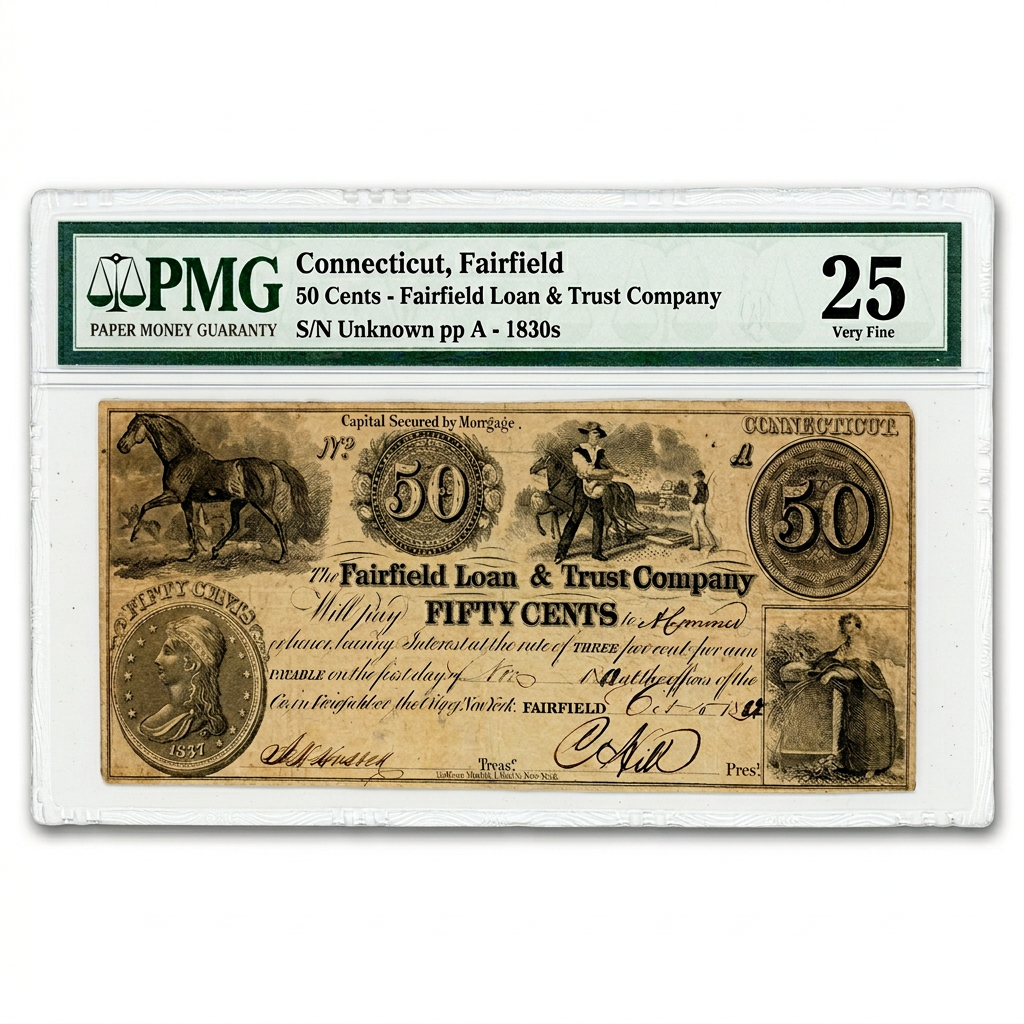 Fairfield Loan &amp; Trust Company 50 Cents Banknote – Connecticut, Fairfield | 1830s | PMG 25 Very Fine