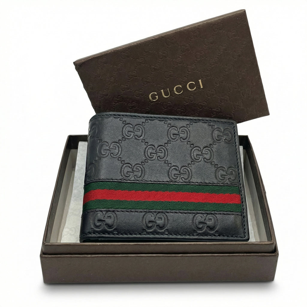 Gucci GG Embossed Leather Wallet – Black with Web Stripe