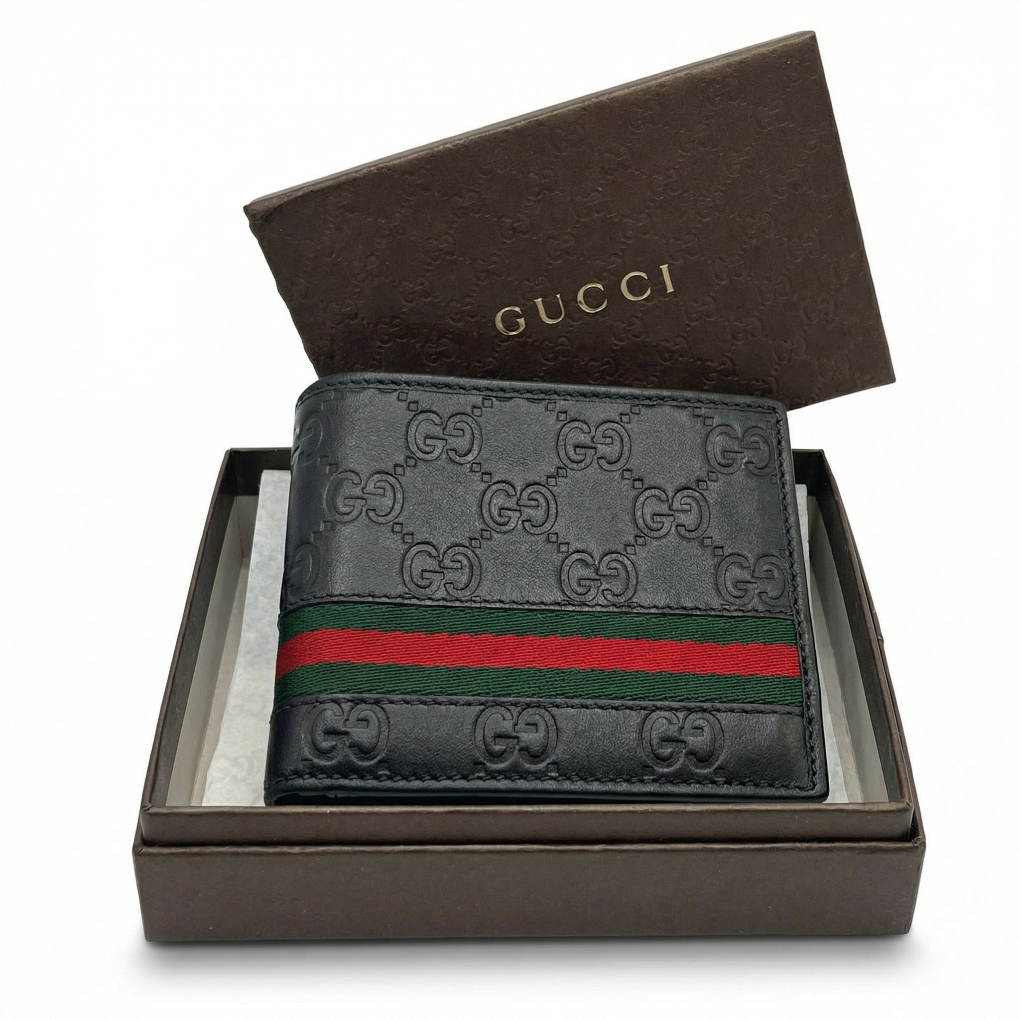 Gucci GG Embossed Leather Wallet – Black with Web Stripe