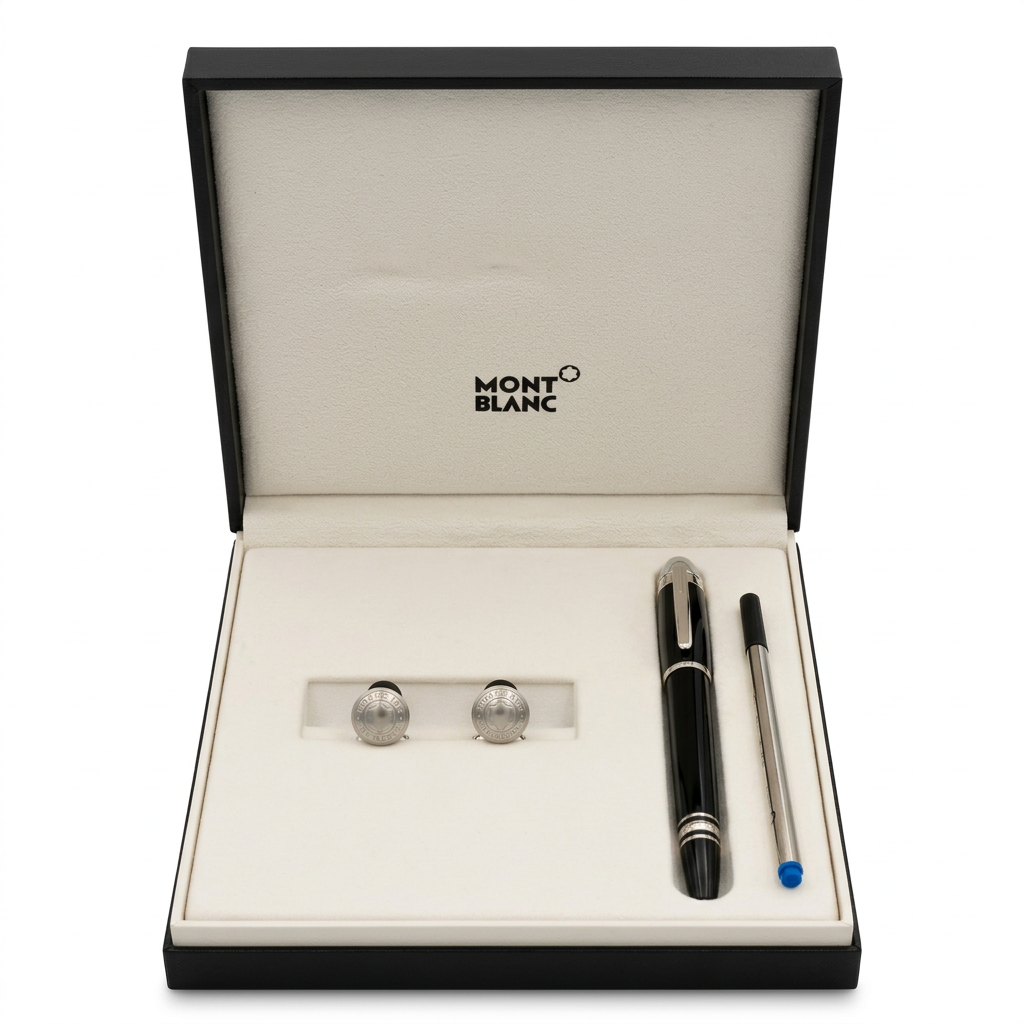 Montblanc Meisterstück Rollerball Pen &amp; Cufflinks Set – Black Precious Resin | Full Presentation Set