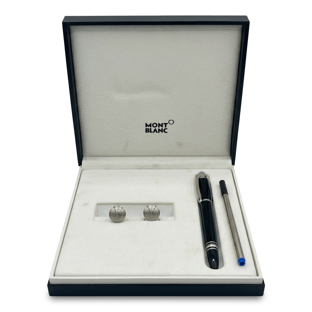 Montblanc Meisterstück Rollerball Pen &amp; Cufflinks Set – Black Precious Resin | Full Presentation Set