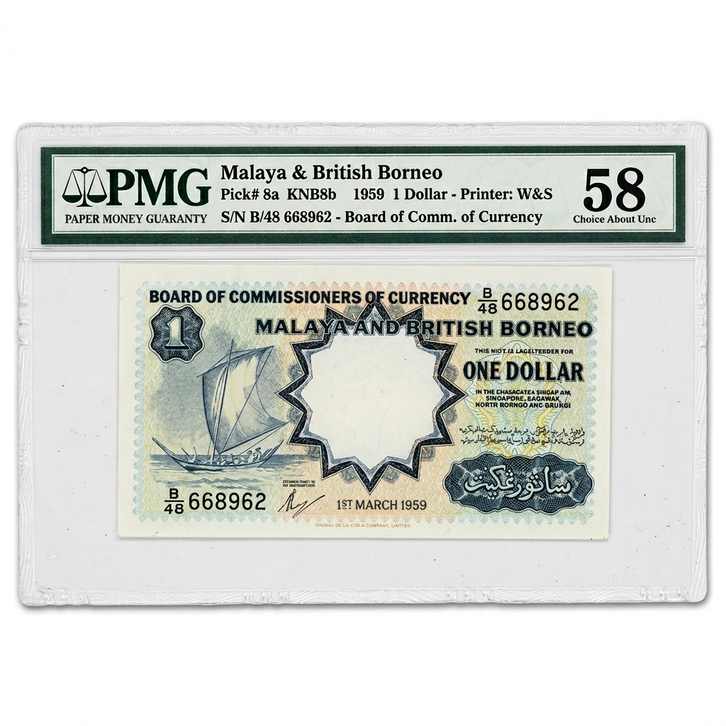 Malaya &amp; British Borneo – 1 Dollar 1959 | PMG 58 Choice About Uncirculated